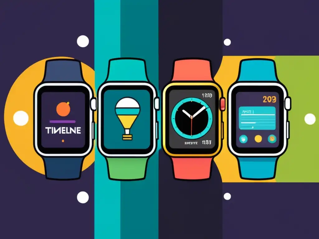 Una ilustración vintage de la evolución de los smartwatches, desde bocetos conceptuales hasta diseños modernos