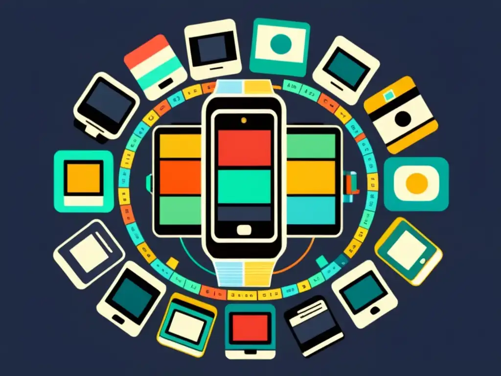 Conectividad inteligente: evolución tecnológica vintage Vintage ilustración de smartwatches conectados a dispositivos inteligentes, evocando integración tecnológica