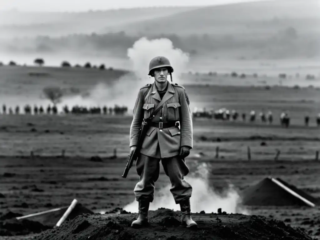 Un soldado en un campo minado, mirando solemnemente a la cámara