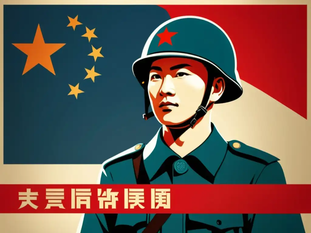 Un soldado chino de aspecto severo en un póster de estilo propagandístico, con un firewall digital de fondo y la bandera china ondeando