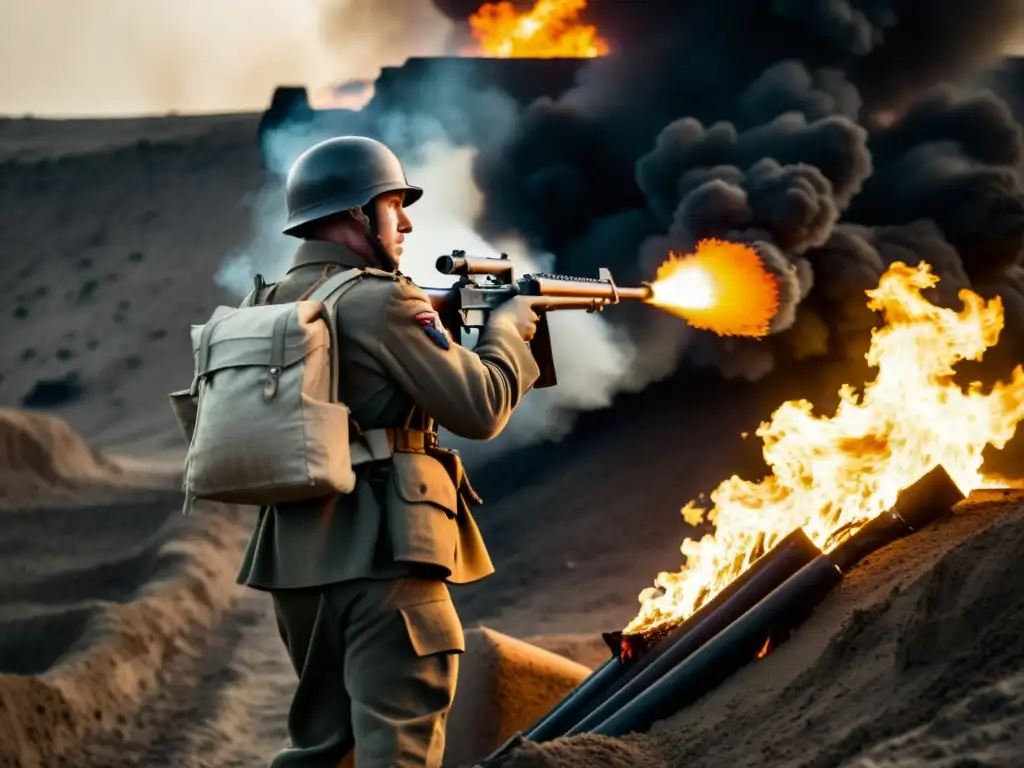 Un soldado en una trinchera empuñando un lanzallamas, con llamas envolventes y una atmósfera evocadora de la guerra moderna