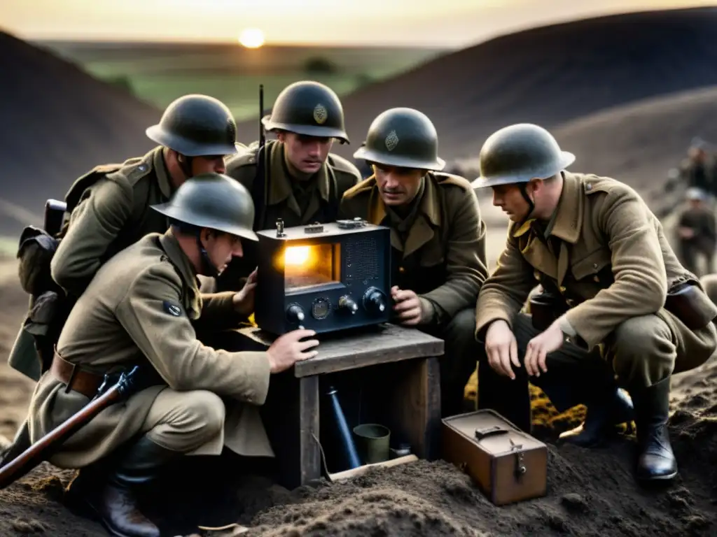 Soldados en una trinchera de la Primera Guerra Mundial, escuchando con tensión en una radio