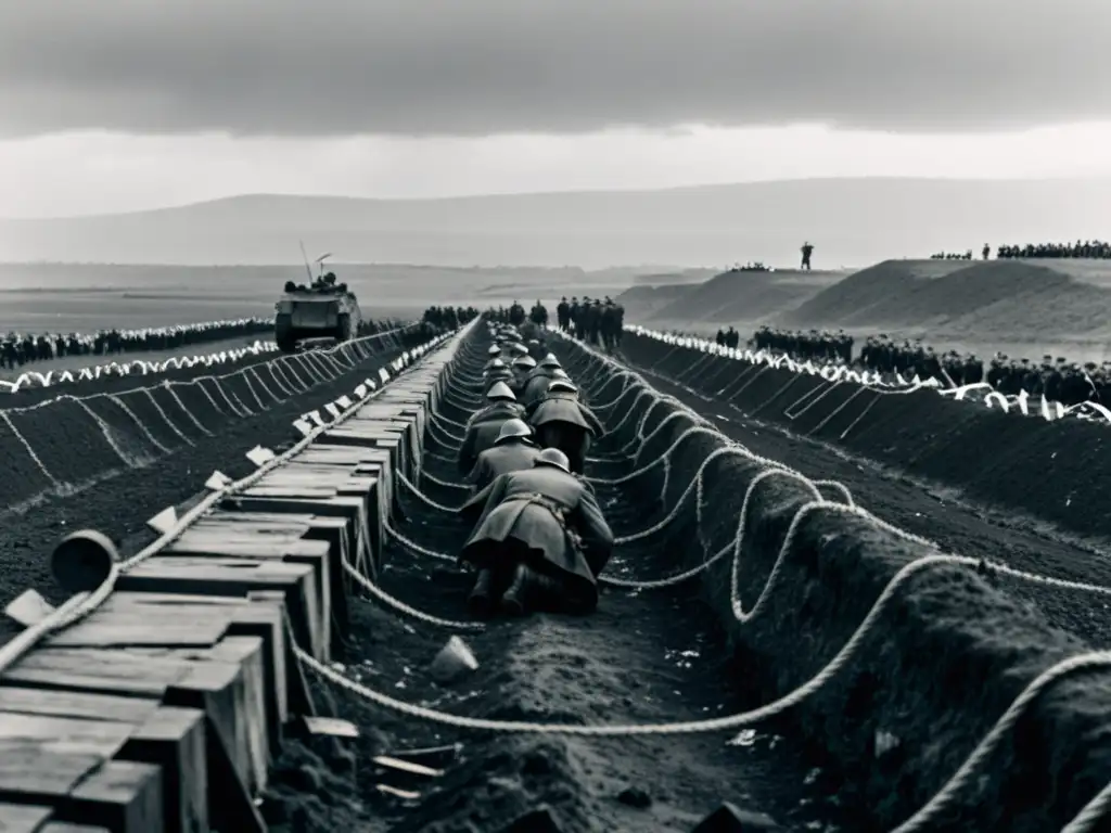 Soldados en trincheras, paisaje desolado de la Primera Guerra Mundial, reflejando el desarrollo de la guerra mecánica