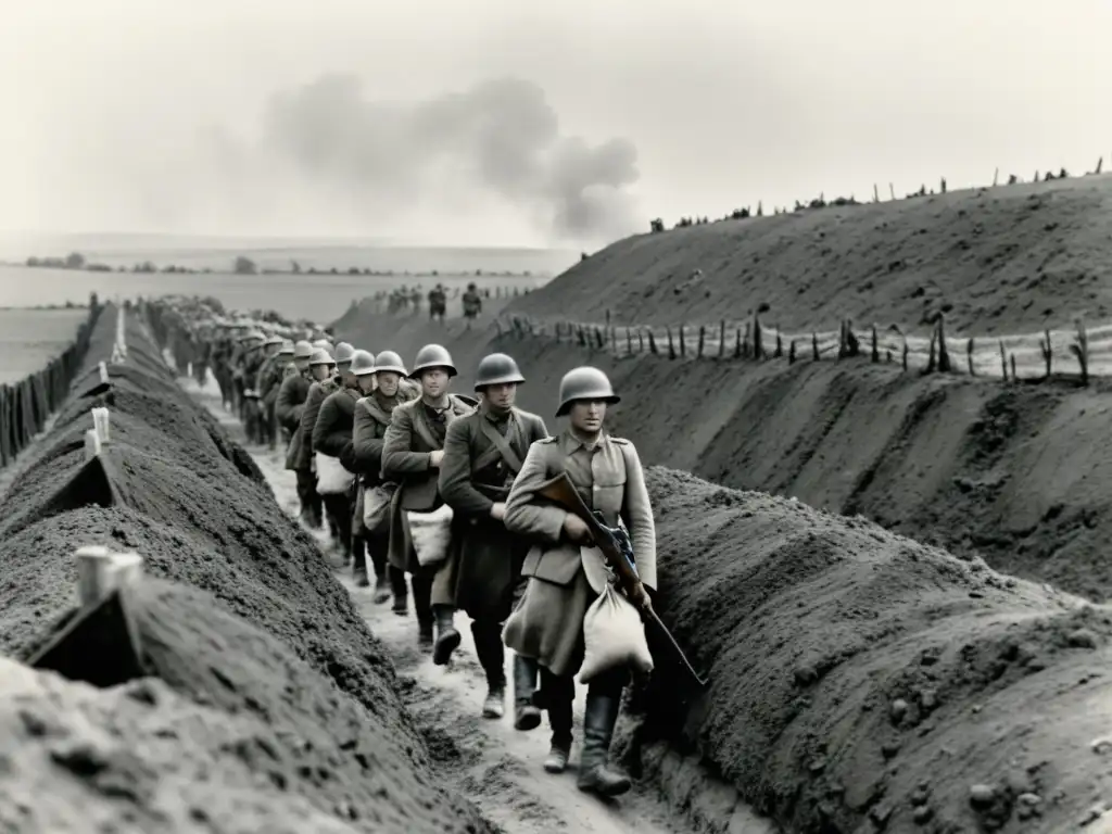 Soldados en trincheras de la Primera Guerra Mundial, transmitiendo la dureza y determinación en sus rostros