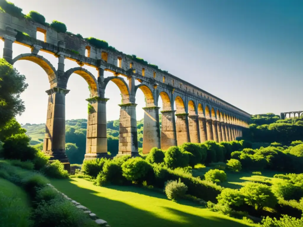 Ingeniería hidráulica sostenible: antiguo acueducto romano entre exuberante naturaleza