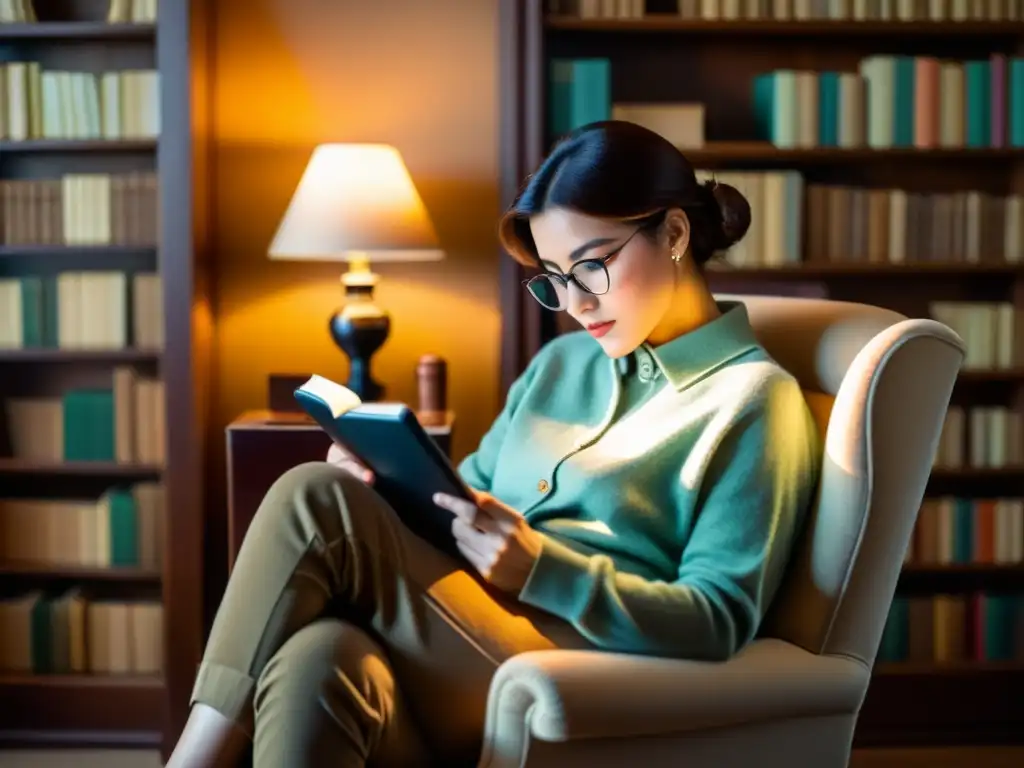 Sumérgete en la lectura digital con la atmósfera acogedora de una persona leyendo en una tablet retro en un sillón vintage