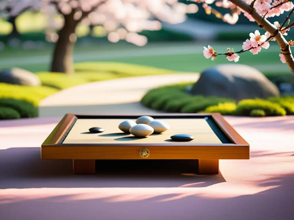 Tablero de Go con piedras en un jardín japonés, evocando la estrategia del juego de Go en la cultura asiática