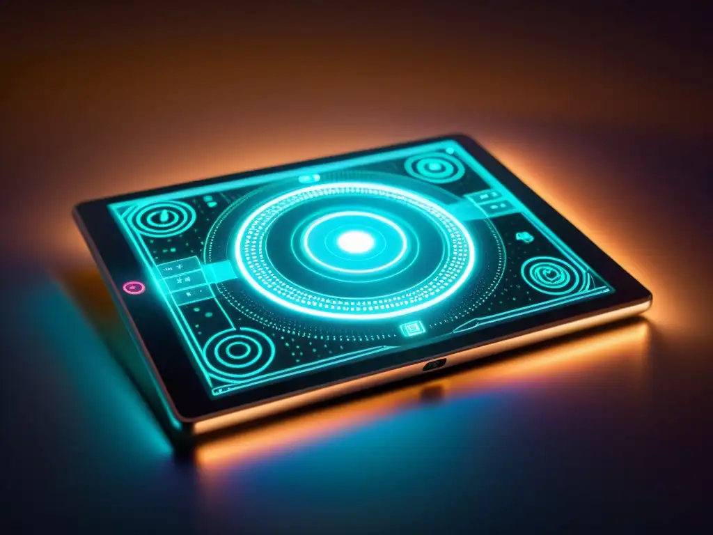 Una tablet vintage con pantalla holográfica proyectando datos visuales dinámicos en un entorno futurista, iluminado suavemente