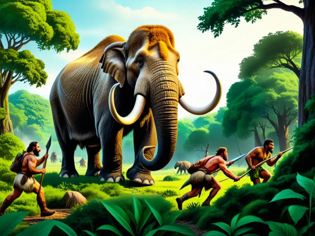 Tácticas de caza mayor prehistórica: Ilustración vívida de caza de mamut en exuberante bosque, evocando emoción y asombro