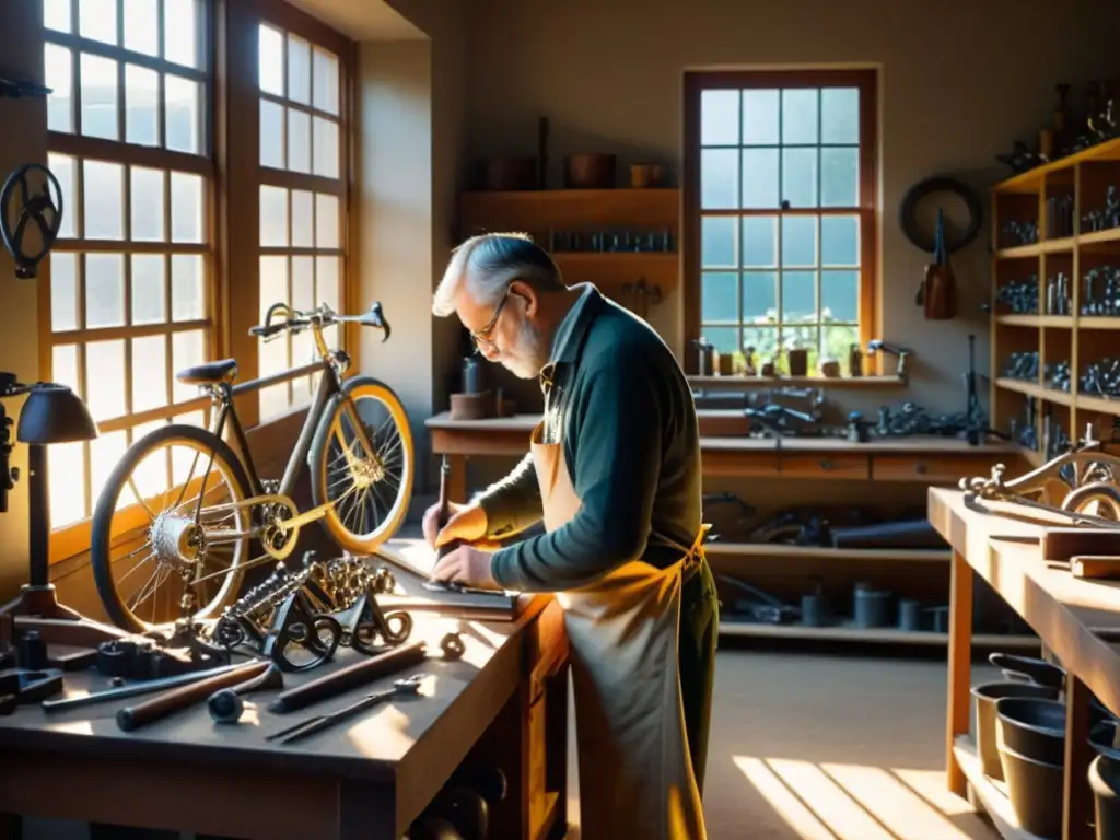 Un taller de bicicletas histórico, con herramientas, repuestos y diseños intrincados