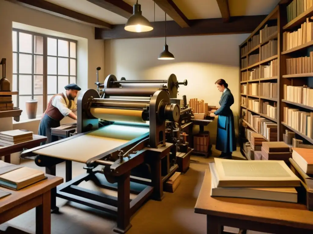 Taller de imprenta del siglo XV: la revolución de la educación En un taller del siglo XV, una prensa de imprenta antigua está en funcionamiento, creando materiales didácticos
