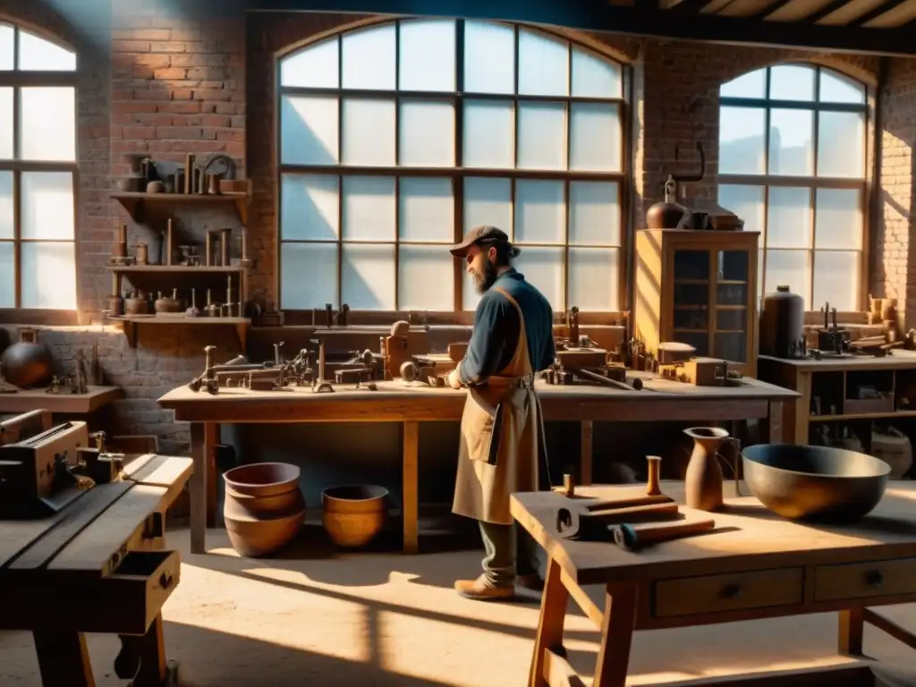 Un taller vintage con herramientas antiguas y maquinaria en bancos de madera