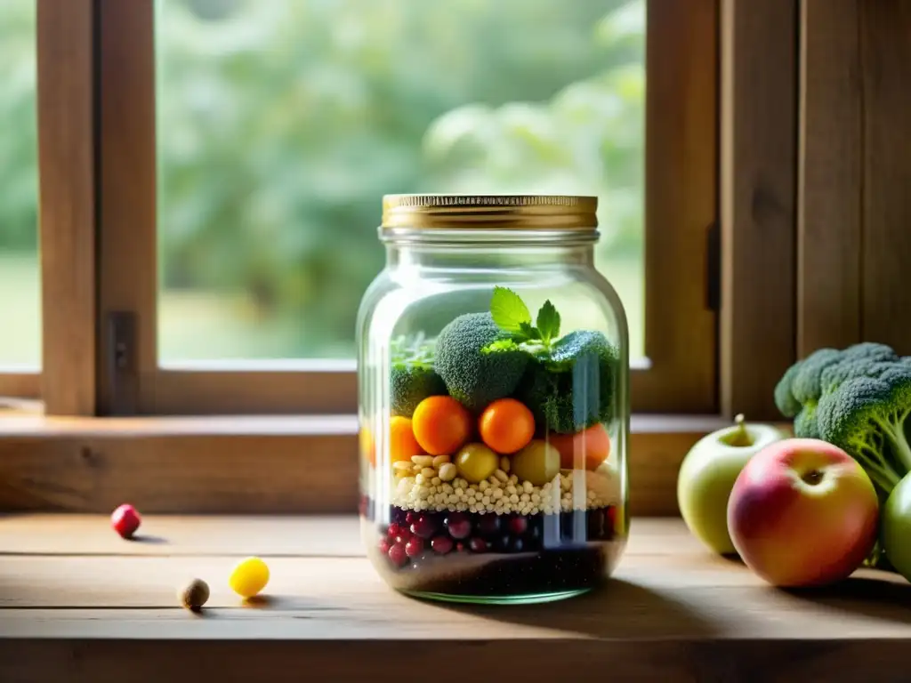 Un tarro de vidrio vintage lleno de ingredientes naturales coloridos, evocando los beneficios probióticos y prebióticos para salud