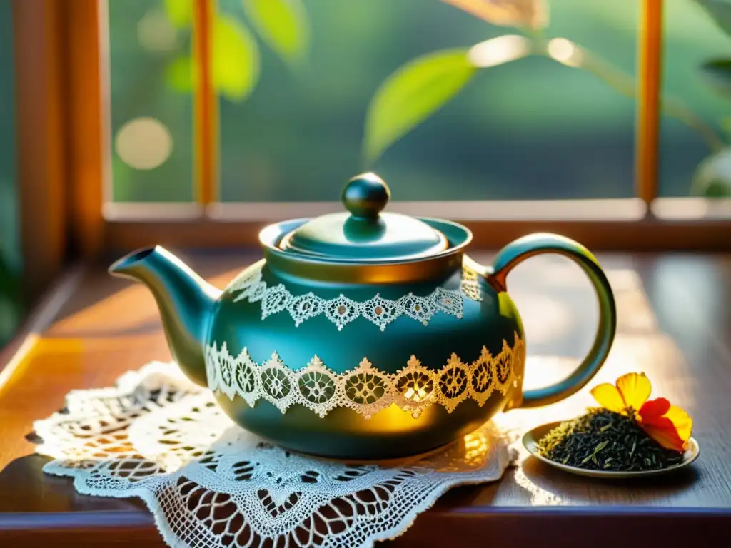 Teapot vintage con té seco en mesa de madera Un teapot vintage con intrincados patrones florales sobre un tapete de encaje en una mesa de madera