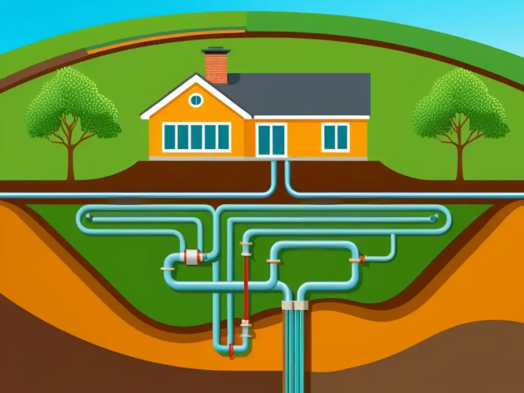 Una ilustración vintage de la tecnología de bombas de calor geotérmicas, resaltando su red de tuberías subterráneas y su enfoque ecoamigable