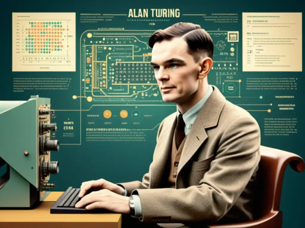 Alan Turing trabajando en tecnología informática antigua, rodeado de ecuaciones matemáticas y esquemas, con una paleta de colores sepia y un sentido de importancia histórica, capturando la esencia de los primeros días de la investigación en inteligencia artificial