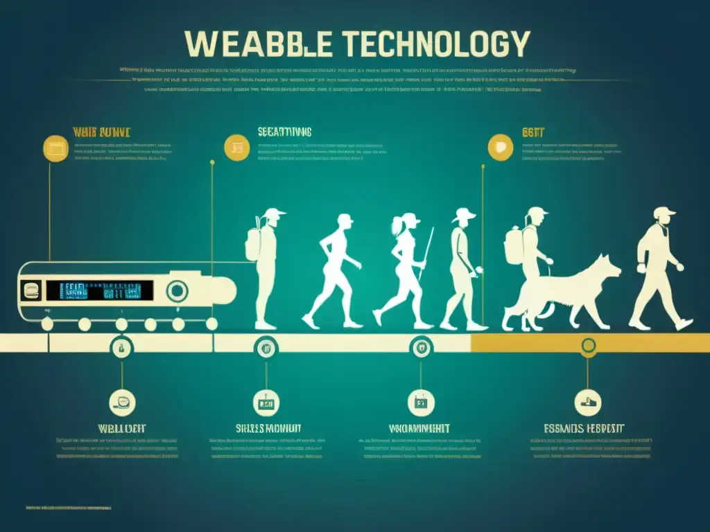 Una ilustración vintage de la evolución de la tecnología wearable, desde simples accesorios como relojes hasta biosensores integrados en la ropa