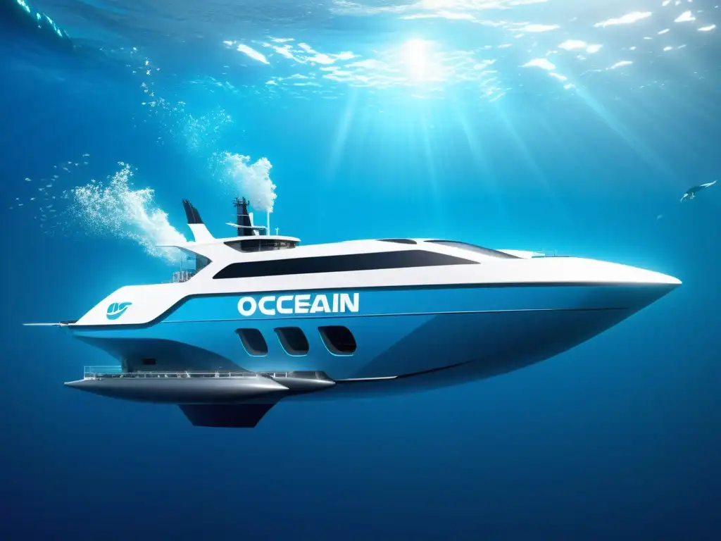 Tecnologías para limpiar océanos: Avanzada nave hightech recolecta plástico en un mar azul cristalino, rodeada de vida marina diversa