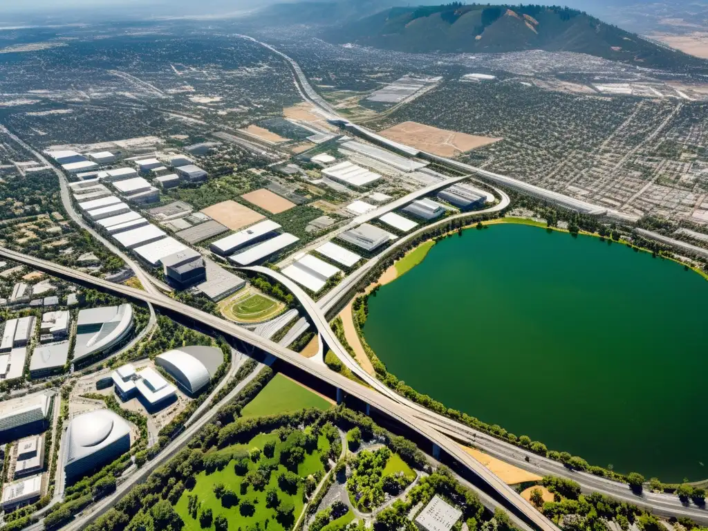 Innovación tecnológica en Silicon Valley: vista aérea panorámica de la ciudad, con oficinas relucientes y frondosa vegetación