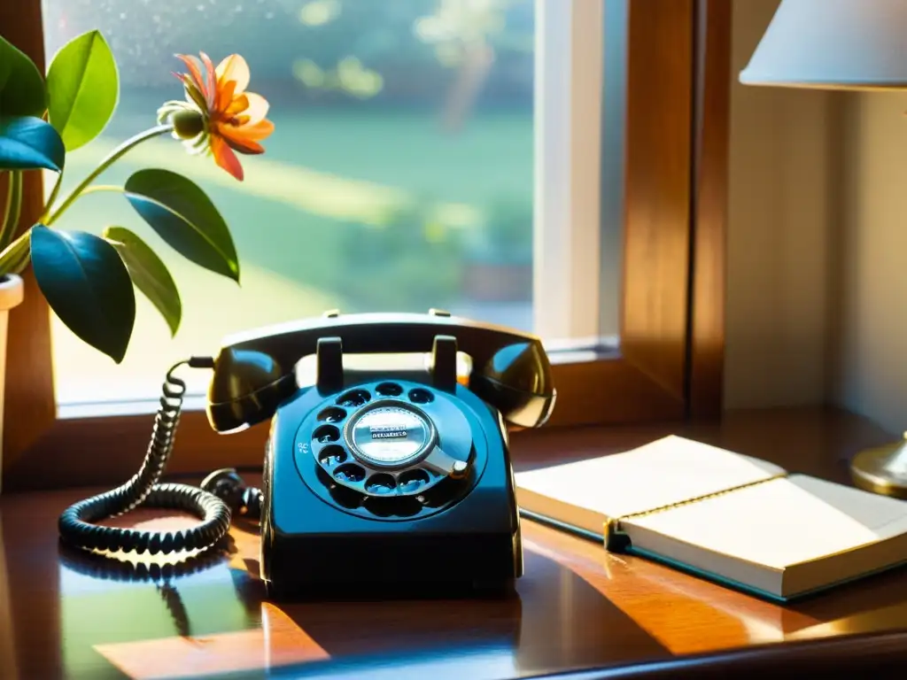 Un teléfono vintage de disco en un elegante escritorio de madera, bañado por la cálida luz de la tarde