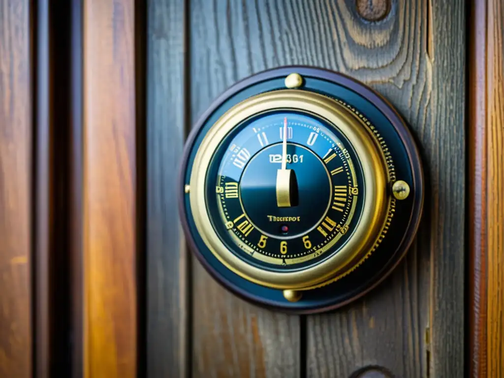 Un termostato vintage con detalles de latón y un dial desgastado descansa sobre un fondo de madera envejecida