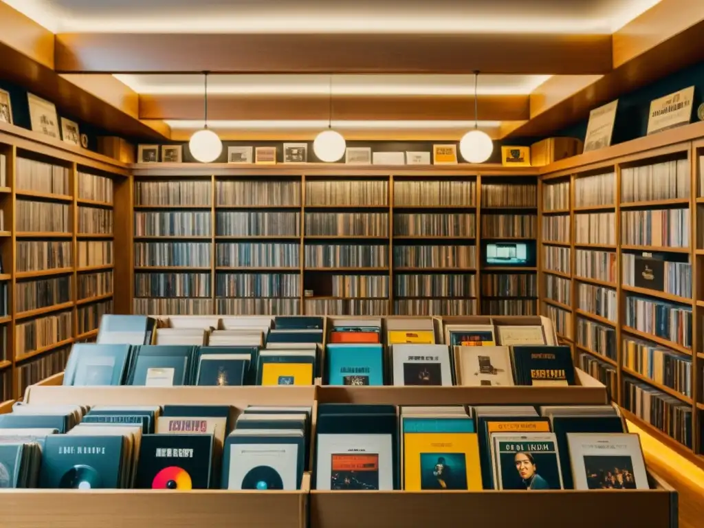 Una tienda de discos vintage con vinilos ordenados en cajas de madera, evocando la evolución de la música en formato físico