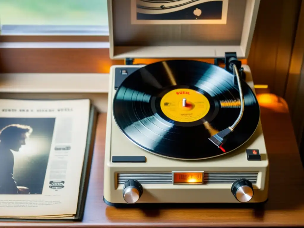 Un tocadiscos vintage con un vinilo girando, iluminado por luz cálida, rodeado de posters y discos antiguos