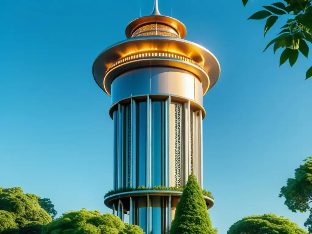 Torre de purificación de aire futurista y vintage en medio de exuberante naturaleza y cielos azules