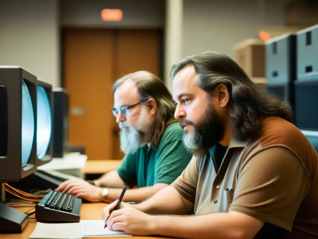 Richard Stallman y Linus Torvalds trabajando en sus oficinas rodeados de equipos antiguos y papeles