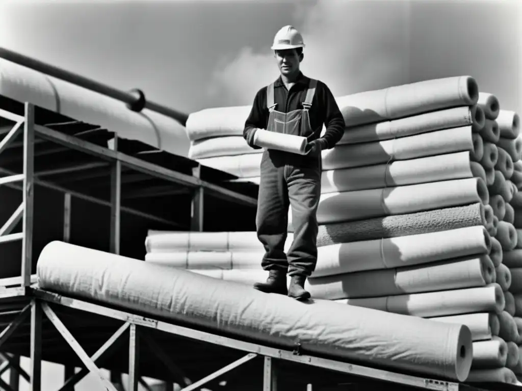 Trabajador en andamio instalando material aislante en construcción, evocando el avance de materiales aislantes en la industria de la construcción