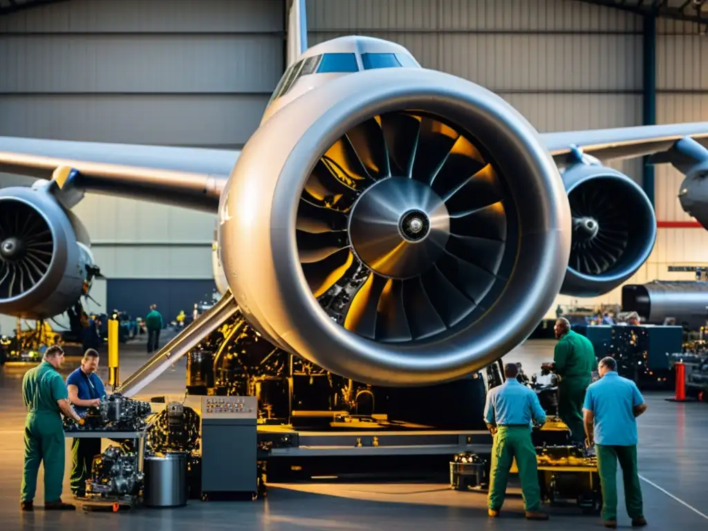 Trabajadores aeronáuticos durante la Segunda Guerra Mundial desmontando un motor de avión, mostrando progreso tecnológico