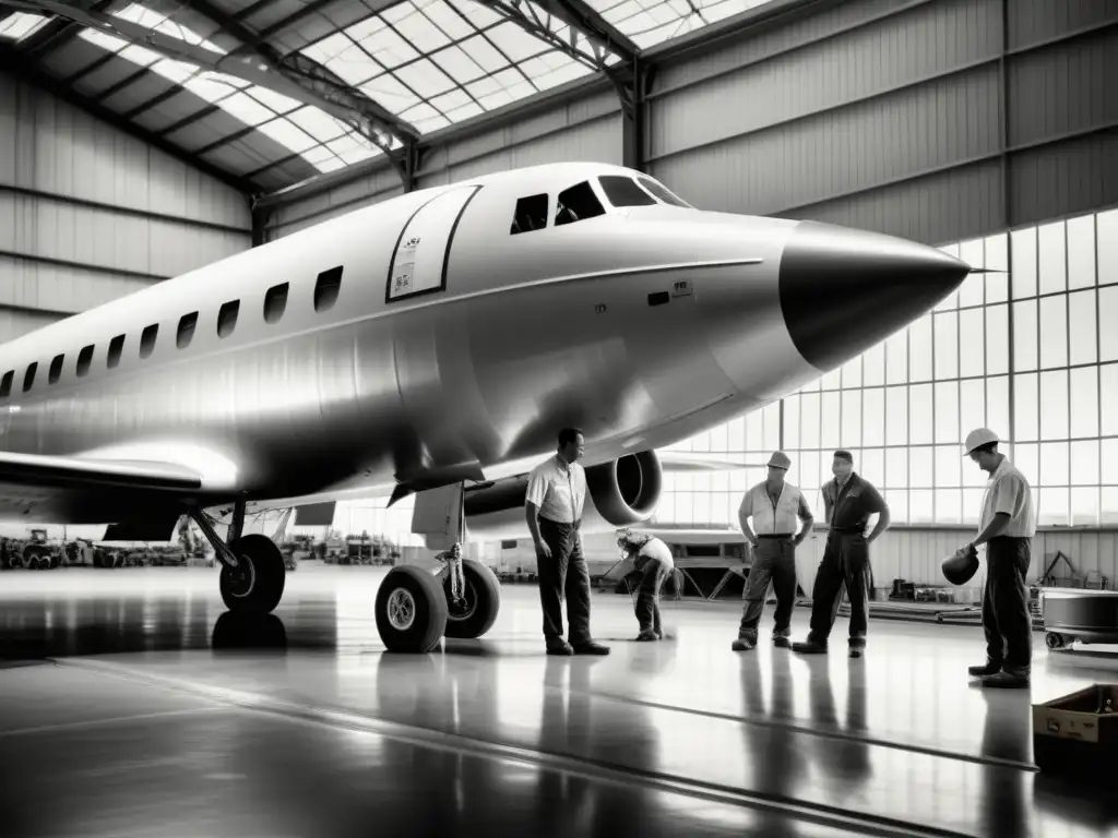 Trabajadores ensamblan ala de avión con materiales compuestos en hangar, reflejando la artesanía e innovación en construcción aeronáutica