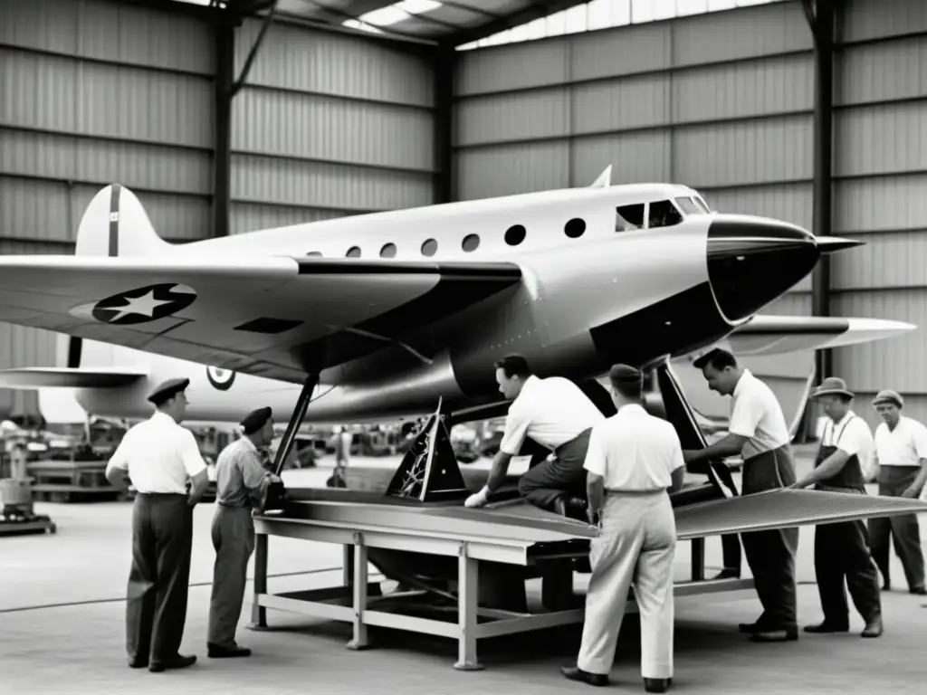 Trabajadores en los años 50 ensamblan alas de avión con Composites en construcción aeronáutica, mostrando artesanía e ingeniería pionera