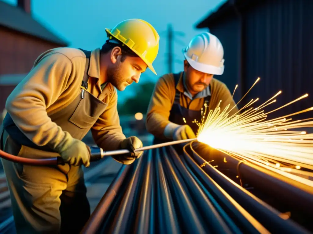 Trabajadores colocando cables de fibra óptica, iluminados por el resplandor del vidrio fundido