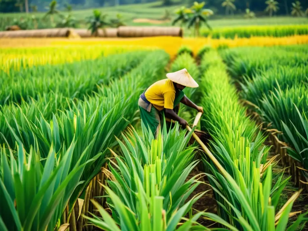 Trabajadores cosechando caña de azúcar en un campo tropical, evocando el desarrollo histórico de biocombustibles