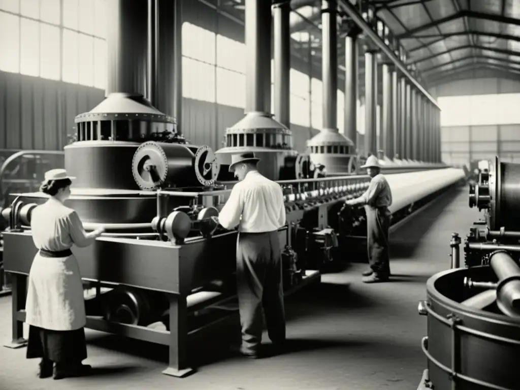 Trabajadores operando una compleja máquina azucarera en fábrica bulliciosa, evocando innovaciones en la maquinaria azucarera