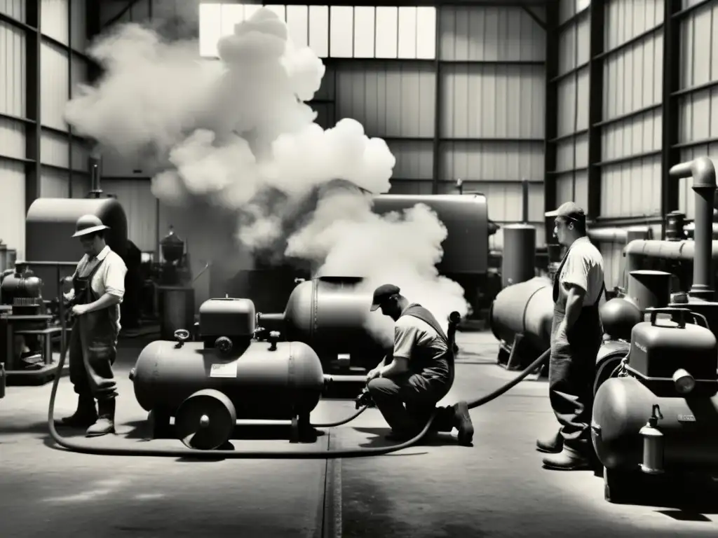 Trabajadores usando compresores de aire manuales en taller industrial antiguo