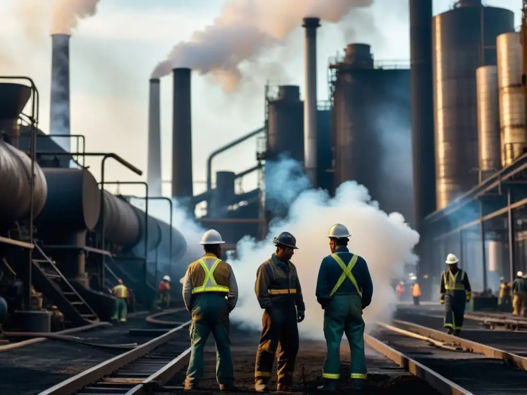 Trabajadores exhaustos en fábrica, rostros ensuciados por el hollín y el sudor, luchando con maquinaria en ambiente industrial sombrío