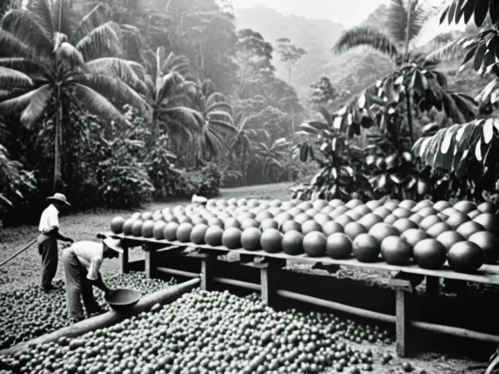 Trabajadores en fábrica de chicle extrayendo savia de árboles en selva tropical