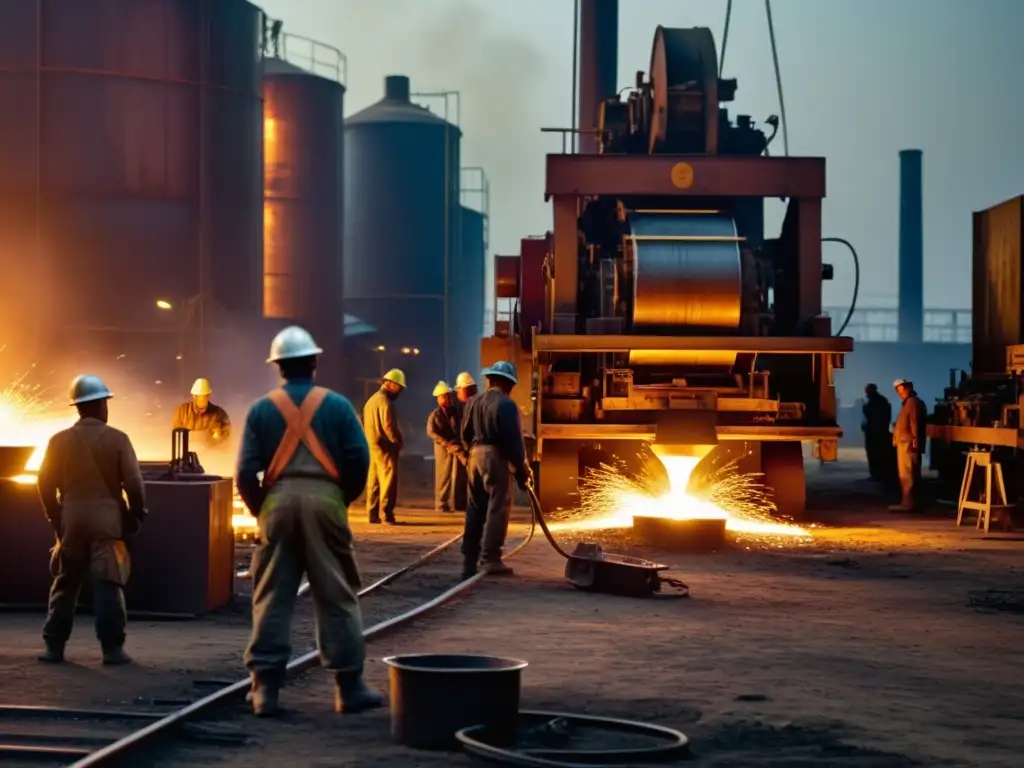 Trabajadores en fábrica durante el movimiento obrero durante la mecanización, luchando en un entorno industrial oscuro y agotador