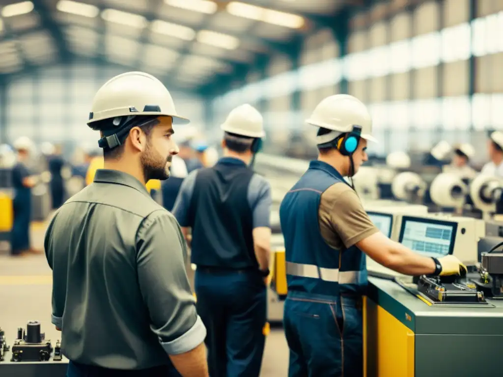 Trabajadores en fábrica con tecnología vestible aumenta productividad laboral