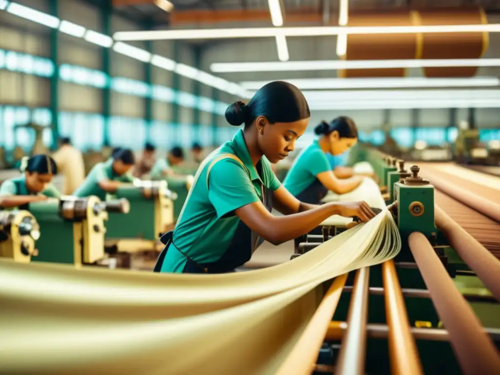 Trabajadores en una fábrica textil tejen tela sostenible con maquinaria antigua, mostrando innovaciones en moda tejidos inteligentes