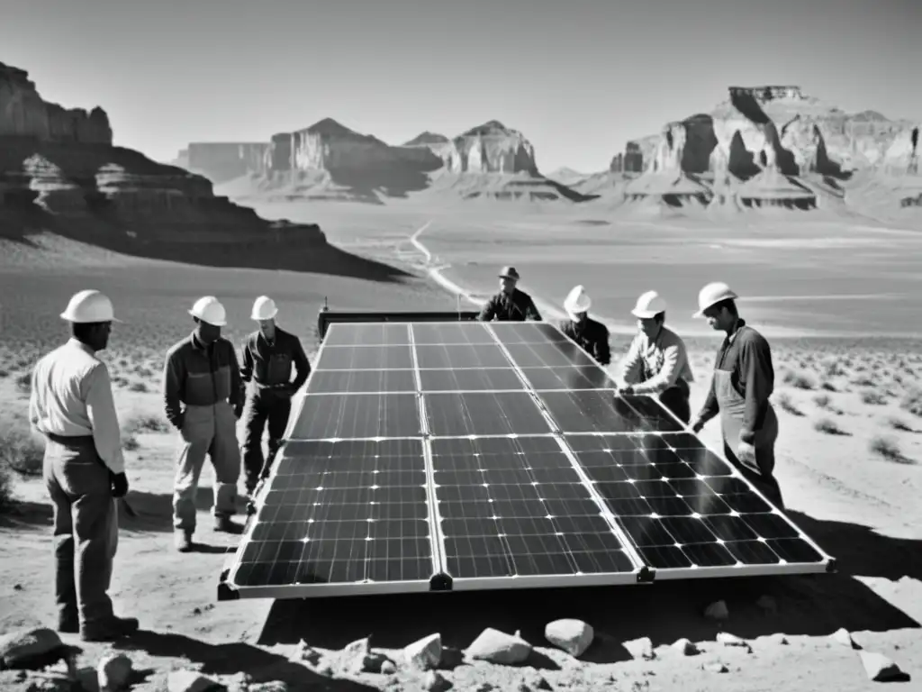 Trabajadores y ingenieros montando paneles solares en el desierto, evocando avances en captación solar historia