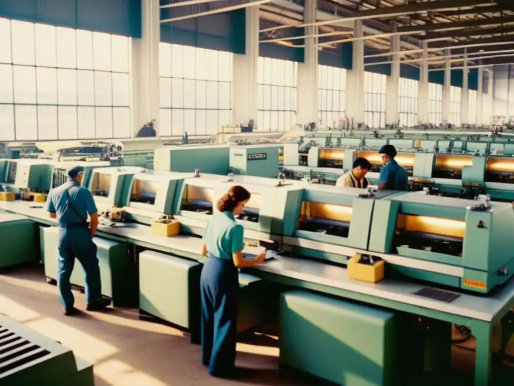 Trabajadores operando maquinaria y computadoras en una fábrica de los 80, evocando un ambiente de avance tecnológico y cambio en las industrias