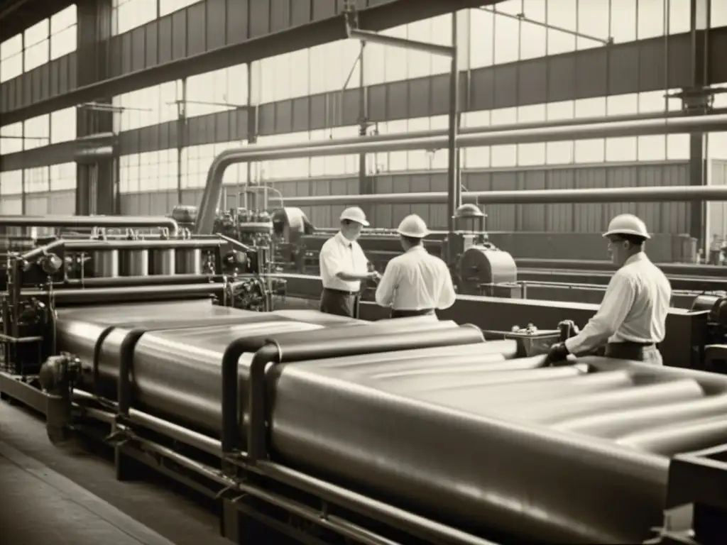 Trabajadores operando maquinaria en una planta de plásticos vintage, reflejando la influencia de polímeros en sociedad