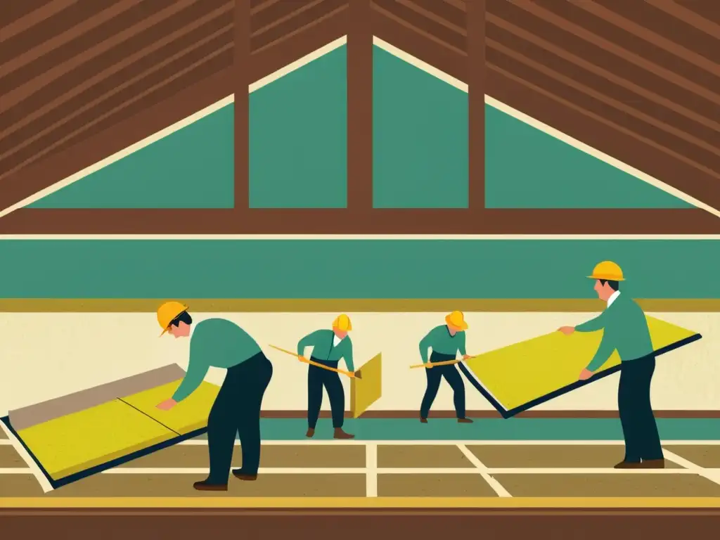 Trabajadores instalan material aislante en edificio histórico, destacando avance materiales aislantes construcción y detalles arquitectónicos