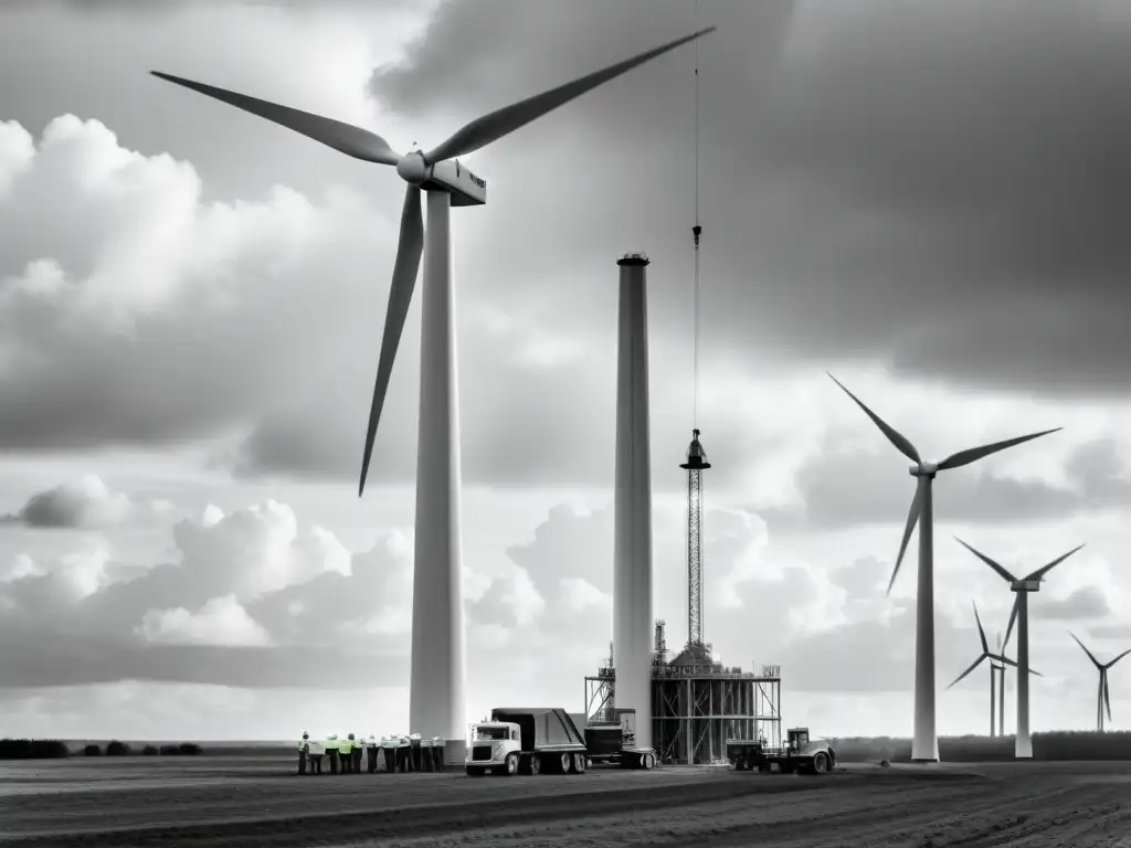 Trabajadores construyen un molino de viento vintage, mostrando la evolución energía eólica historia en una dramática escena de nubes