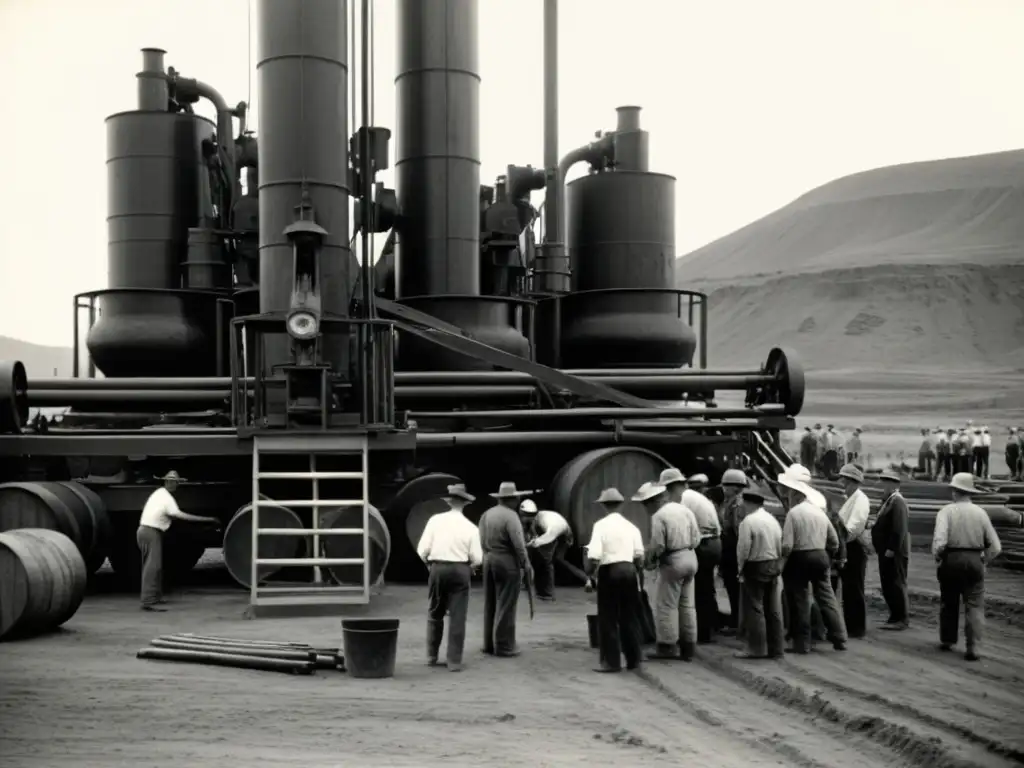 Trabajadores perforando petróleo en el siglo XX