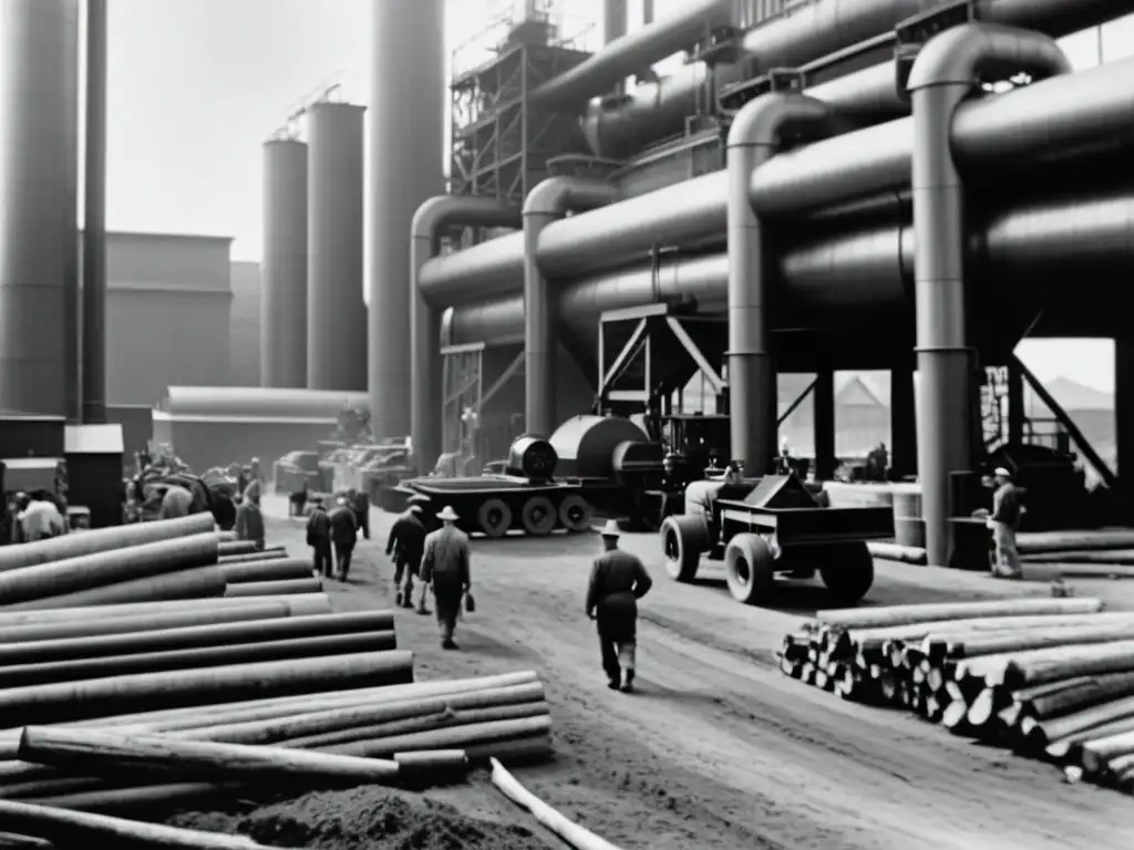 Trabajadores en planta de biomasa histórica, rodeados de maquinaria y material orgánico