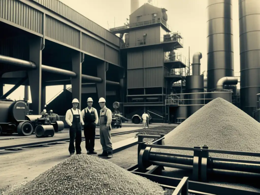 Trabajadores en planta de biomasa con maquinaria vintage